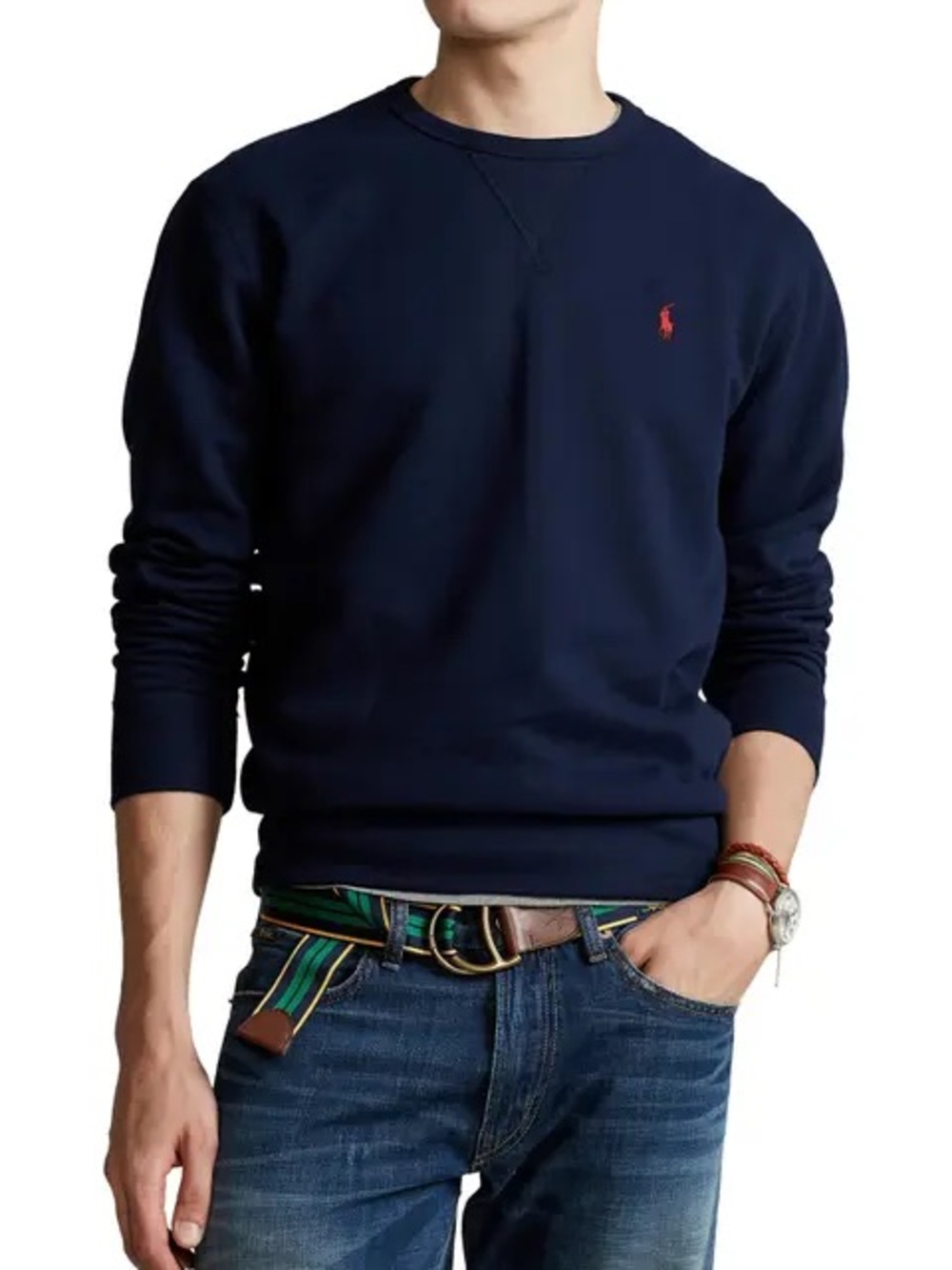 Polo Ralph Lauren Navy Blue Waffle Knit Crewneck Sweatshirt Red Pony Logo M